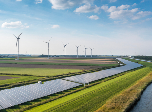 Wind farms and solar panels in green fields next to a river