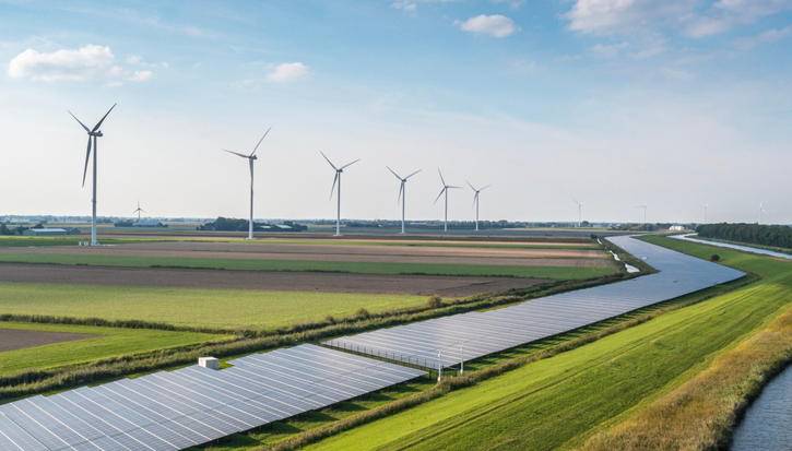 Wind farms and solar panels in green fields next to a river