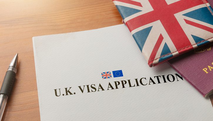 A form with the title 'UK Visa Application' sits on a desk next to a passport in a union jack cover