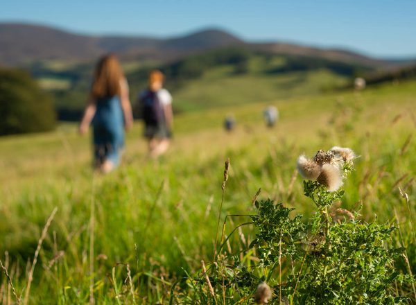 A mother and child walking in a field with hills in the distance