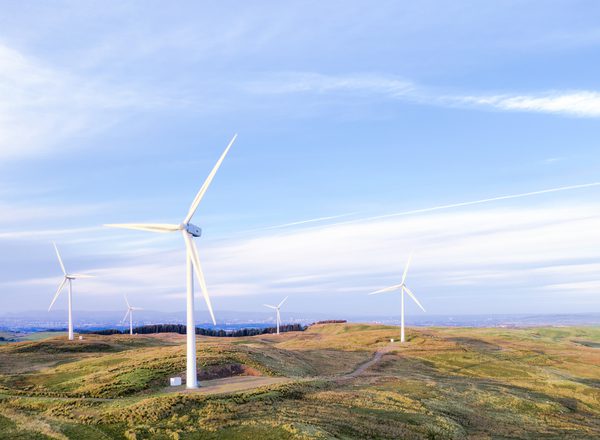 A wind farm in the hills to the south of Glasgow, Scotland.
