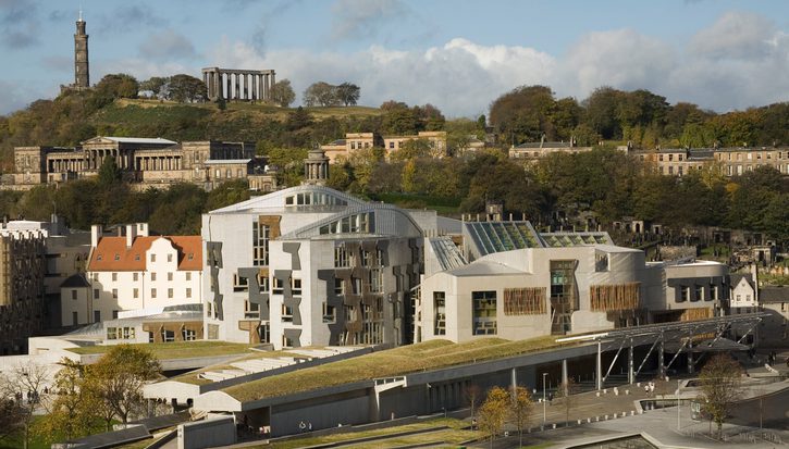 Scottish parliament building at Holyrood and Calton Hill, Edinburgh