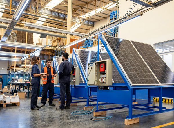 Group of workers talking in a meeting at a solar panel factory