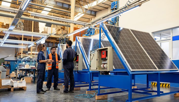 Group of workers talking in a meeting at a solar panel factory