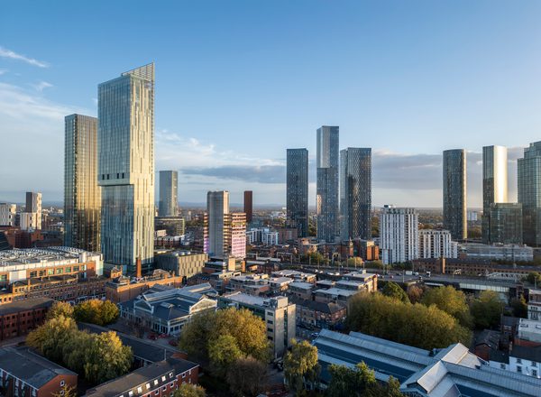 Aerial views of Manchester skyline of new skyscrapers