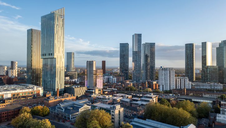 Aerial views of Manchester skyline of new skyscrapers