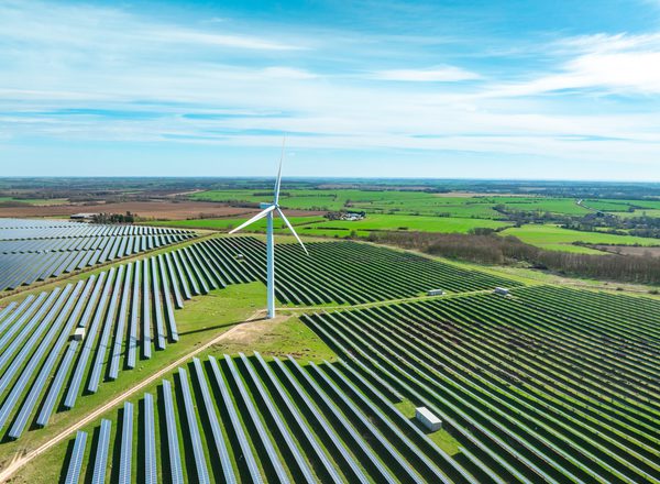 A wind turbine stands in the middle of a field of solar panels on a sunny day