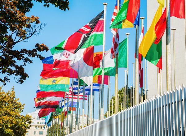 A row of international flags flying in the breeze outside a building in Paris on a sunny day