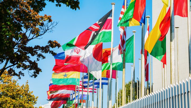 A row of international flags flying in the breeze outside a building in Paris on a sunny day