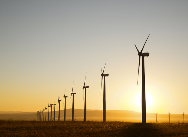 A line of wind turbines at sunset