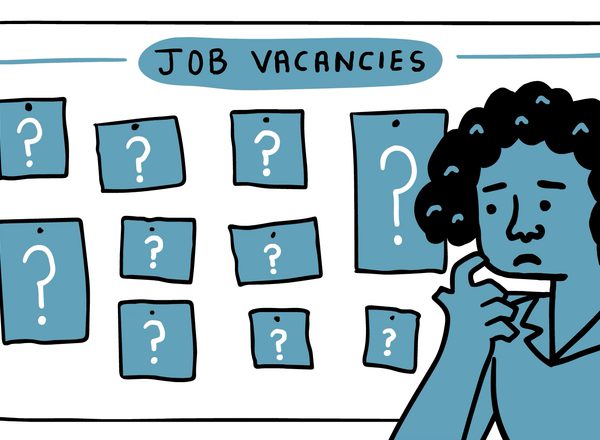 An illustration of a woman looking anxiously at a notice board of job vacancies which is covered in question marks.